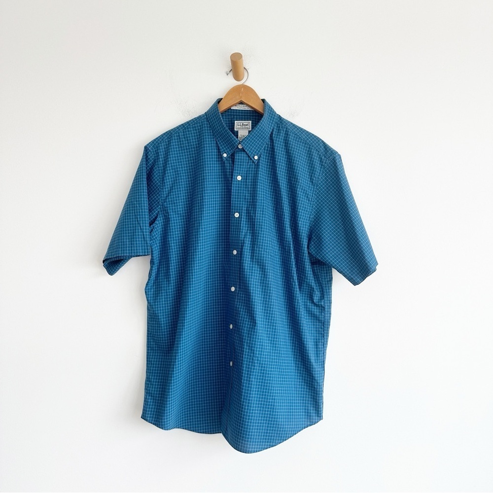 LL Bean Button Down Shirt Blue Plaid Short Sleeve Traditional Fit Men’s Large